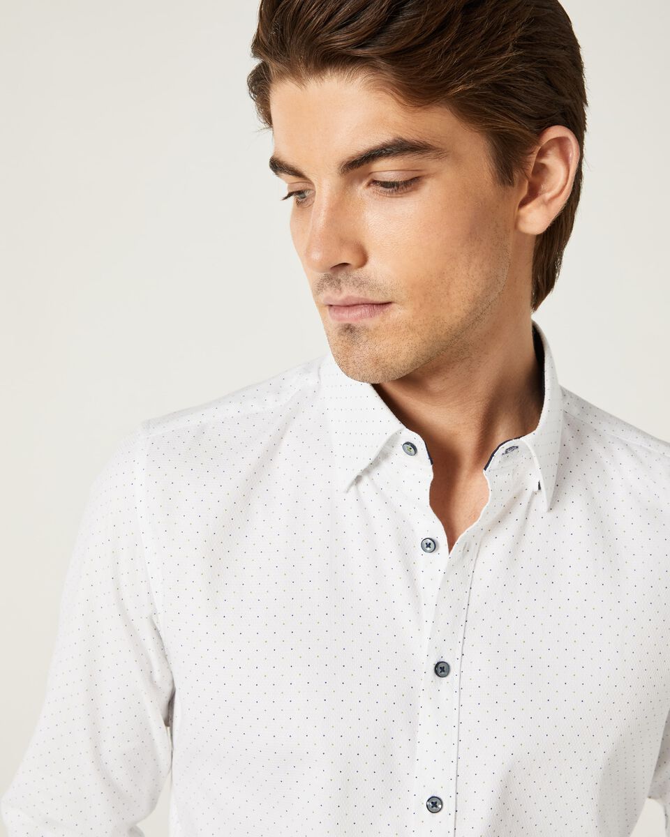Mens White/Khaki Slim Long Sleeve Polka Dot Shirt